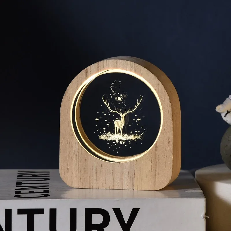 Creative Wooden Luminous Base 3D Carved Crystal Ball Desktop Decoration Gift Small Night Light Bedside Office Decoration Gift
