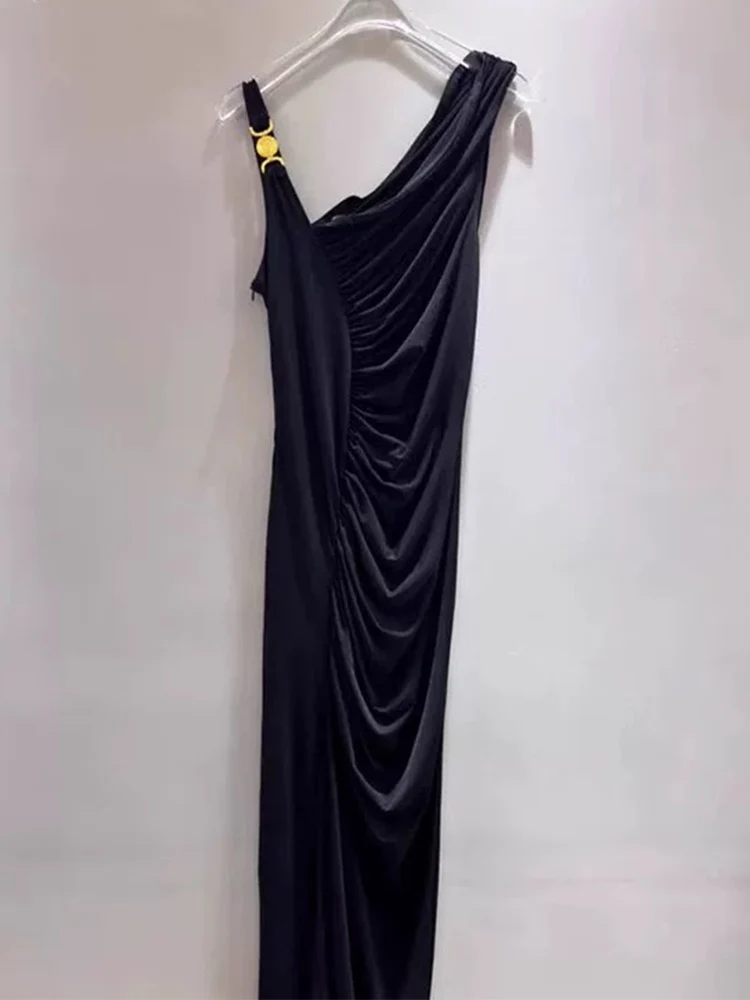 فستان حرير طويل مطوي بكتف واحد