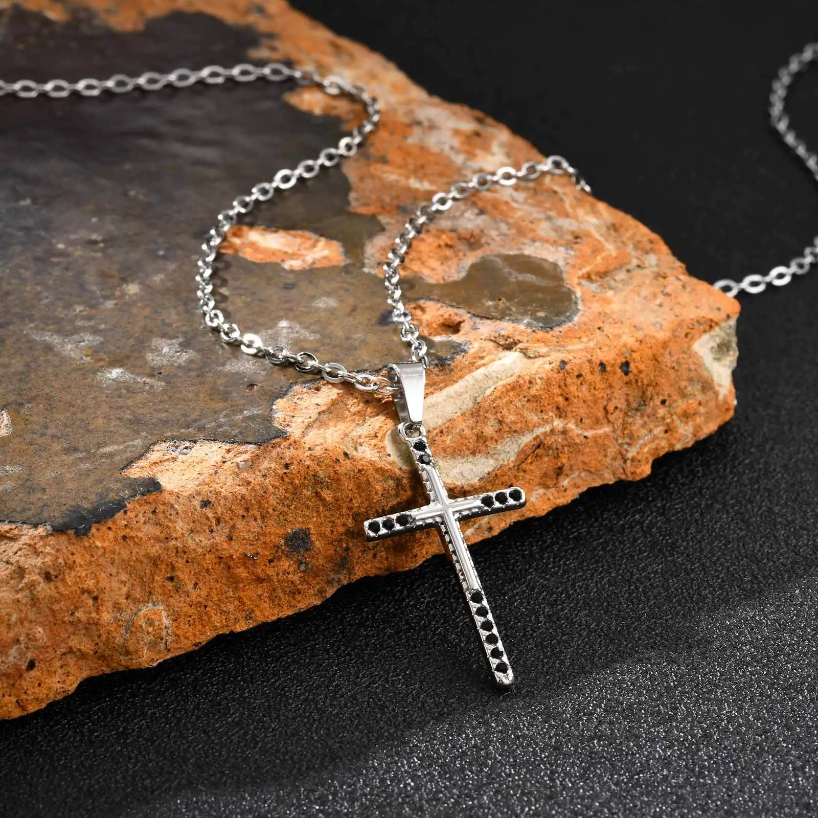 Minimalist Cross Necklace for Men Boys,Stainless Steel Black Crystal Zircon Cross Pendant,Gift for Husband Boyfriend Brother