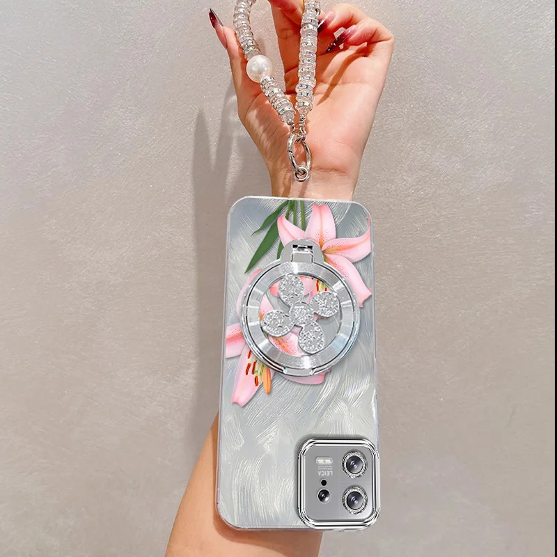 Pink Flowers Phone Case Set with Lanyard and Stand