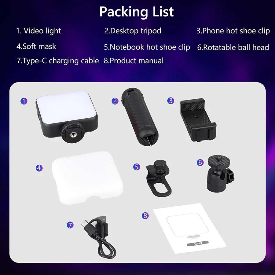 T64 LED Video Light 2500-6500K Camera Video with 2000 mAh rechargeable battery a
