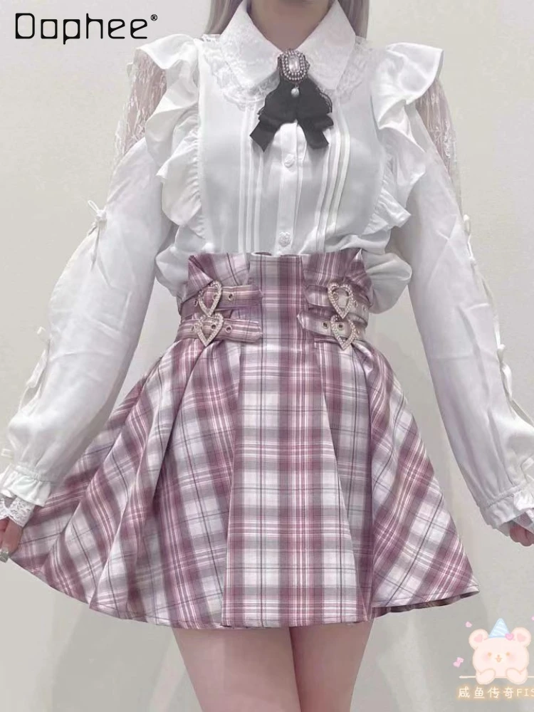 

2023 Autumn New Rojita Arm Bow Tie Shirt and Blouse Women's Long Sleeeve Lace Stitching Brooch Mine Series Mass-Produced Tops