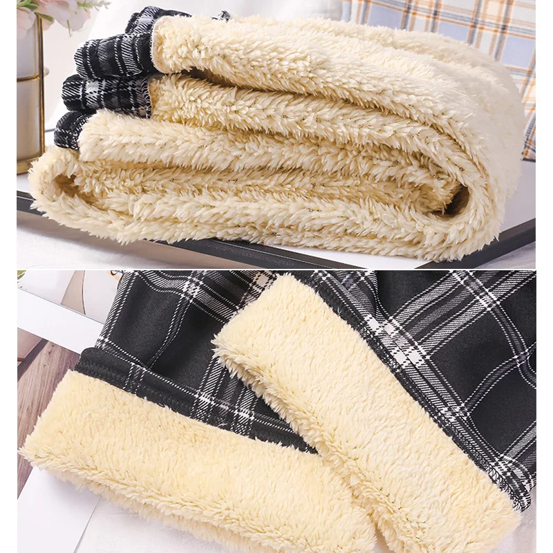 Women Fleece Inside Plaid Pants Autumn Winter Female Elastic Waist Stright Long Wide leg pants Casual Female Pants Trousers