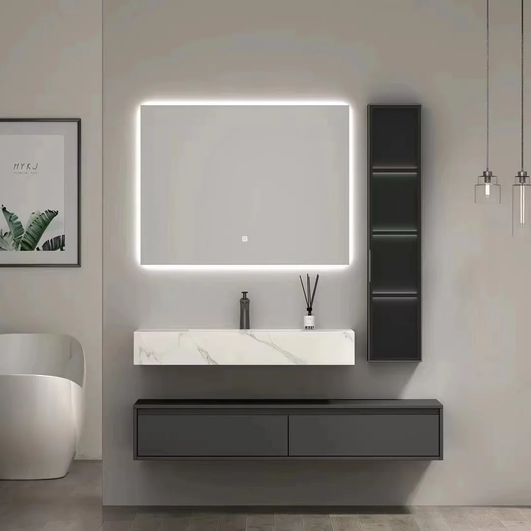 Luxury Modern Hotel Bathroom Vanity Customizable Solid Wood Rock Panel With Smart Mirror Black Color Combination Bathroom Vanity