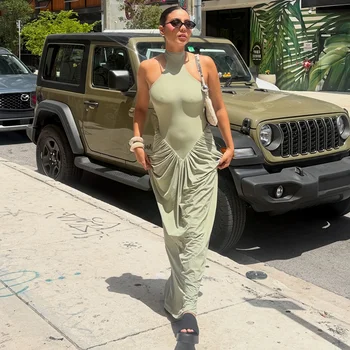 Elegante Abito Lungo Verde con Spalline Sottili, Chic e Minimalista, Senza Maniche, Aderente con Vita Arricciata, Vestito da Strada Casual per Vacanze