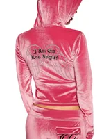 Nouvel ensemble minimaliste pour femme : veste à capuche zippée en velours rose vif et pantalon décontracté coupe ajustée 2