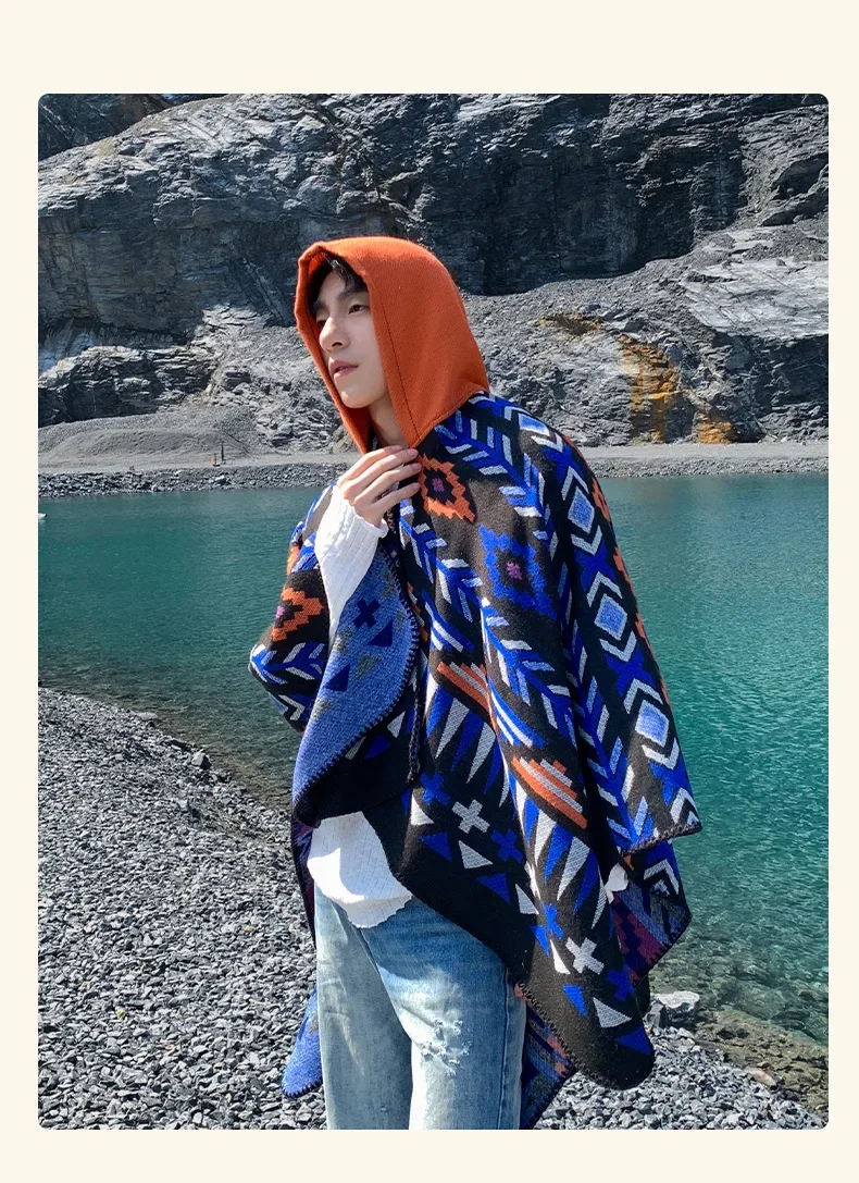 Poncho Herren Imitation Kaschmir Neue Tourismus Umhang Männlich Kapuzenwärme Schal Große Größe Druck Oberbekleidung Herbst Winter Umhänge Schals – Detail 13