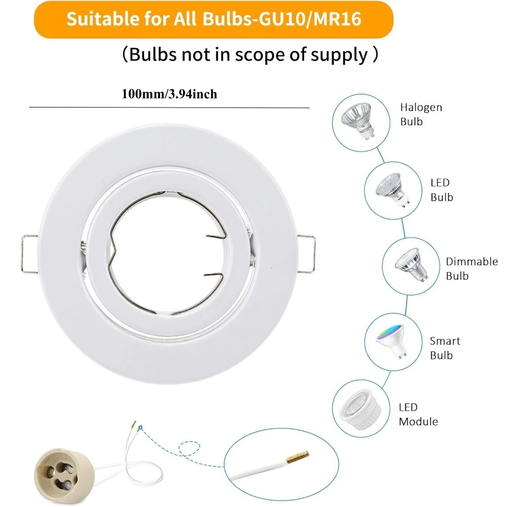 JOYINLED 흰색 원형 고정형 다운라이트 피팅 GU10 MR11 직경100mm 철제 금속 고정 프레임 천장 스포트라이트 램프 프레임