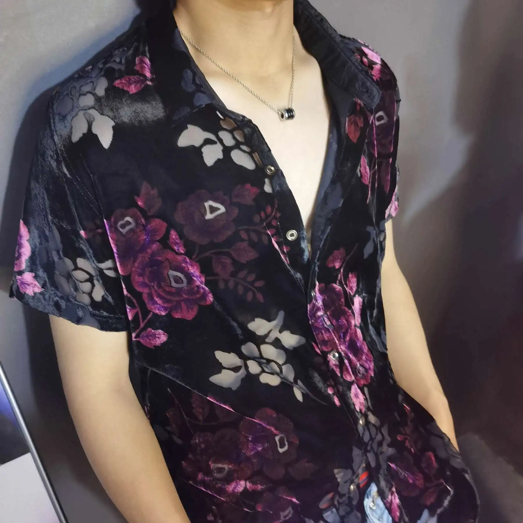 Fashion Transparent Floral Shirt Masculine Velvet Slim-fit Shirt Mens Short-sleeved Clothing See-through Nightclub Purple