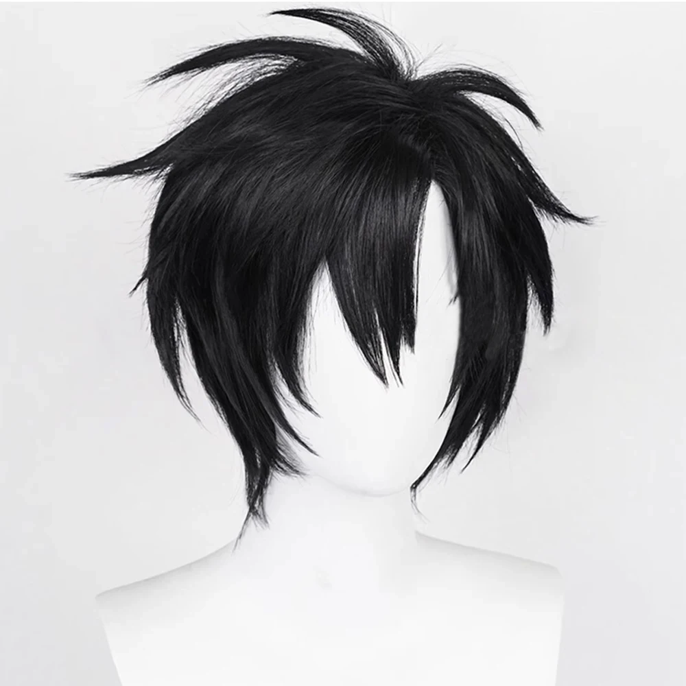 Synthetic Short Black Straight Wig with Bangs for Men and Women Daily Cosplay Anime Halloween Party Realistic Fake Hair - 3