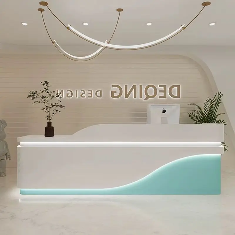 High Quality Small Modern Wood Panel Reception Desk Home Office Beauty Salon Barber Shop Featuring Pink White Front Table Bar