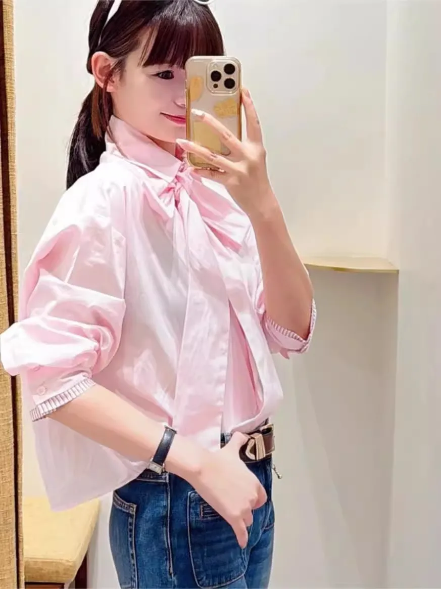 Women Light Pink Shirt Age Reducing Bow Tie Long Sleeved 2025 Autumn Lady Turn-down Collar Blouses