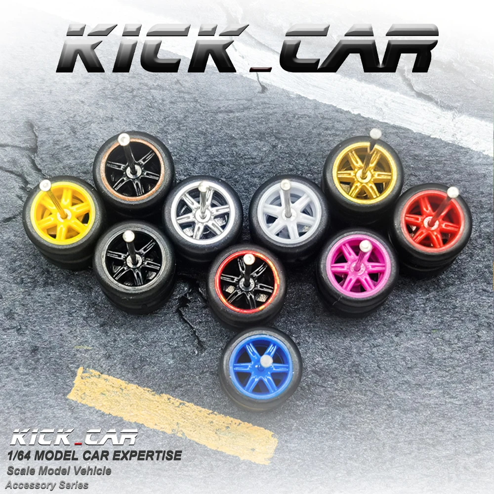 

1/64 Kickcar Six Spoke Wheels Rubber Tires Spoke Detail-up Modified Kit for 1:64 Hotwheels Model Car Toy Wheel Kit 4pc/bag