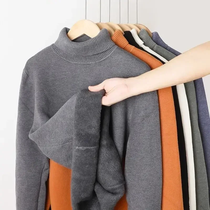 Autumn Winter Men's Turtleneck Sweater Knitted Velvet Warm Long Sleeve Pullover Outdoor Cold-proof Casual Blouse Base Sweater 5
