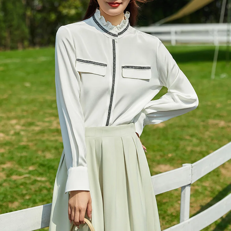 

2023 Spring and Summer Mulberry Silk shirt women's fashion long-sleeved silk loose drape feel versatile OL women's shirt 23E0051