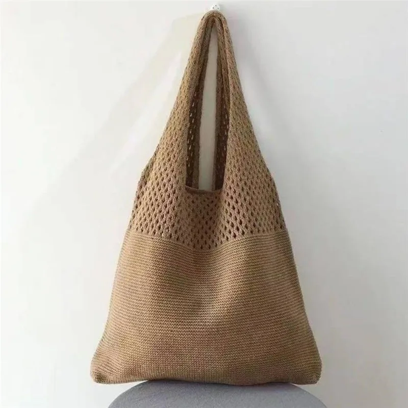 Chic Simple Retro Hollow Tote Bag Stylish Hollow Out Knitted Shoulder Bag Weave Handbag Shopping Bag for Women Daily Collocation