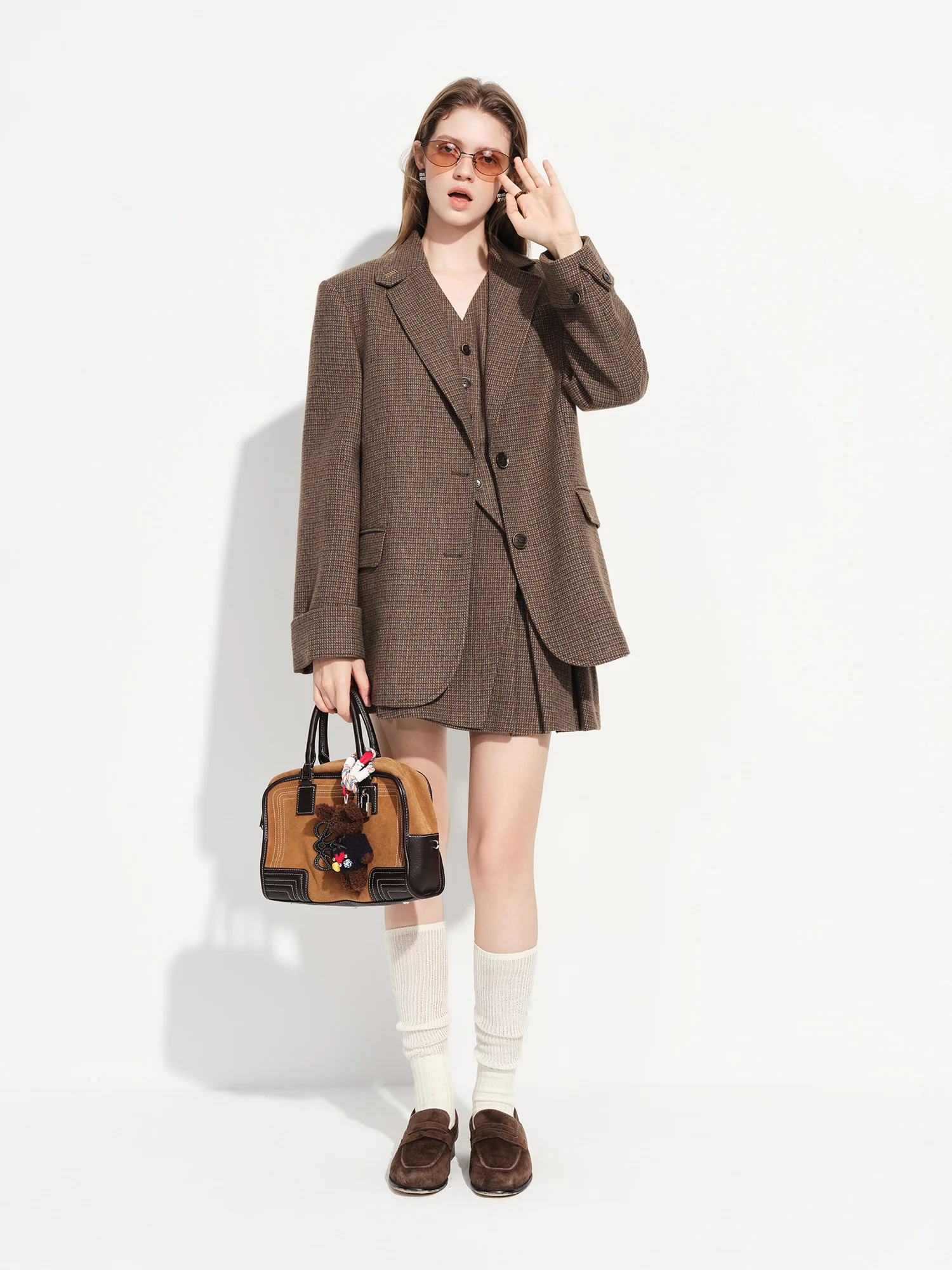 FSLE【Premium Series】New Women's Brown Wool Checkered Suit Set Blazer Vest Skirt Three Piece Coord Vintage Office Chic Suiting S4a91d2d3a06f40be99b5f2e3b965b504b