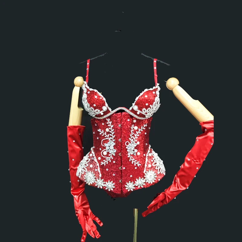 

Sexy Sleeveless Red Rhinestones Bodysuit Gloves Nightclub Ds Dj Gogo Wear Women Pole Dance Rave Outfit Drag Queen Costume XS5720
