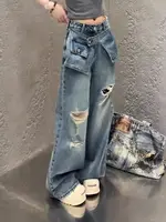 Streetwear Harajuku Jeans for Women Pantalones Vaqueros Mujer Chic Fake Two Denim Trousers Casual Straight Y2k Wide Leg Pants 5