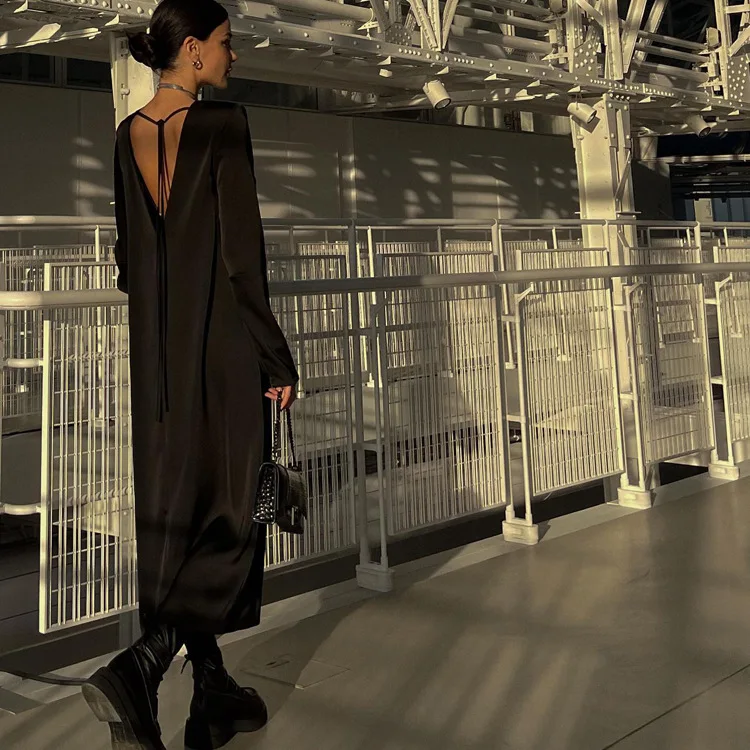 Backless Lace-Up Slim Maxi Dress Female Black Fashion Autumn 2025 Bandage Long Sleeve Solid Elegant Patchwork Long Dress