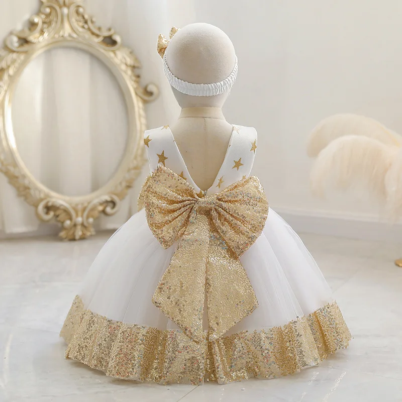 Golden Sequines Infant Dress Gown Star Prints Super Bow Princess Dresses  For Girls Newborn Babies Clothes 0 to 12 Months 3 4 5Y - AliExpress 1501