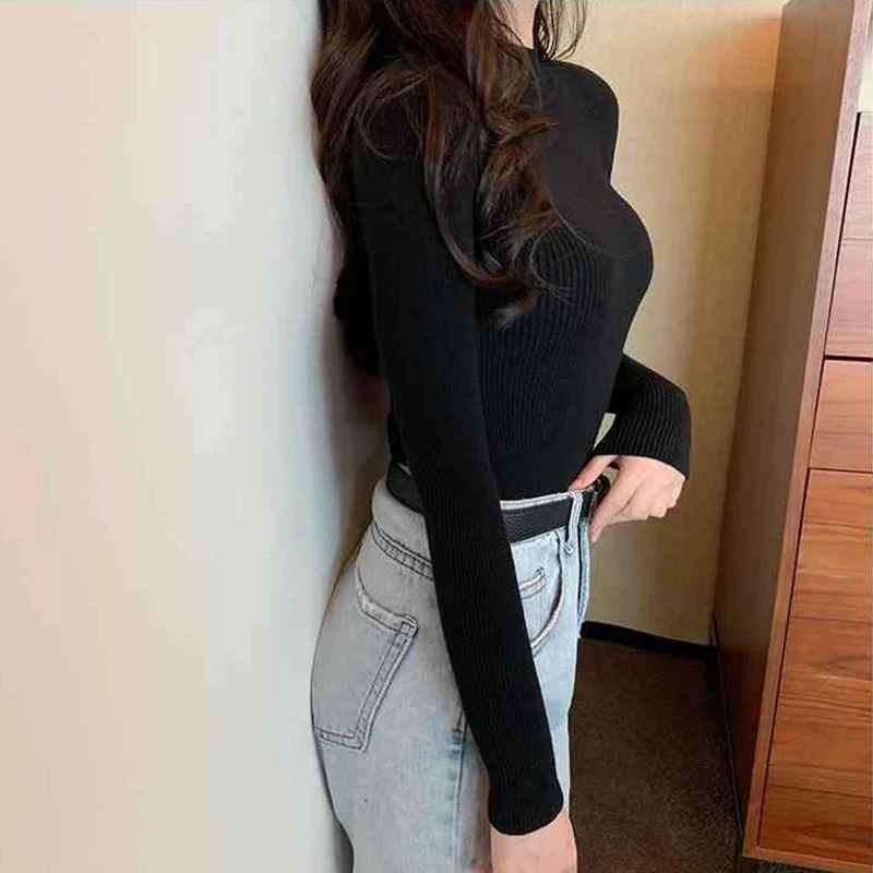 Rimocy Spring Autumn Knitted Sweaters Women 2022 Long Sleeve Basic Primer Pullovers Woman Korean Solid Color Slim-fit Pull Femme striped sweater Sweaters