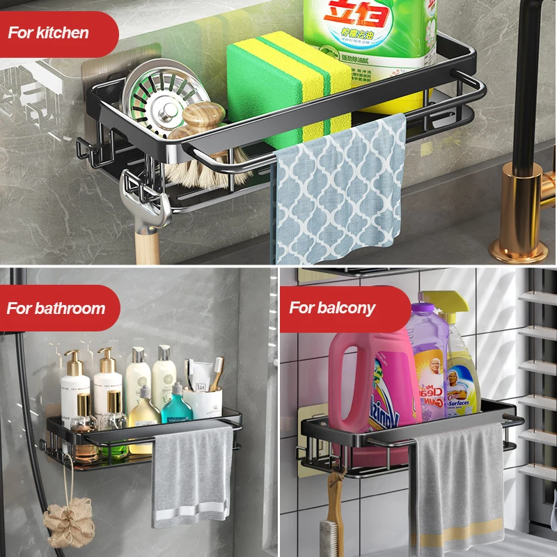 Wall Mount Kitchen Organizers Shelves No punching Sink Cleanup Shelf Adhesive Removable Shelf for Kitchen Tool Sponge Rag Rack