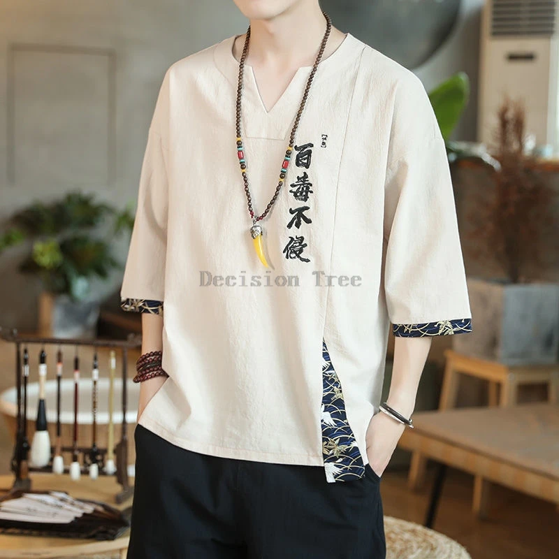Cotton T-shirt Martial Arts Uniforms Men V-neck Kungfu Top Chinese Style Embroidery Patchwork