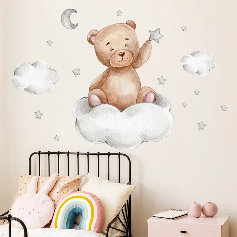 Cartoon Teddy Bear Sleeping on the Moon and Stars Wall Stickers for Kids Room 