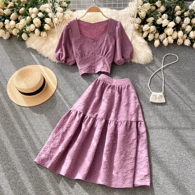 

French Set Women's Summer New Puff Sleeve Short Top Versatile Umbrella Skirt Half Skirt Fashion Two Piece Set