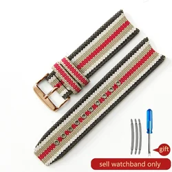 Men's Genuine Leather Cowhide Stripe Watch Strap in Nylon Canvas with Fold Buckle, 22mm for 22mm (Stripes-Rose-K1)