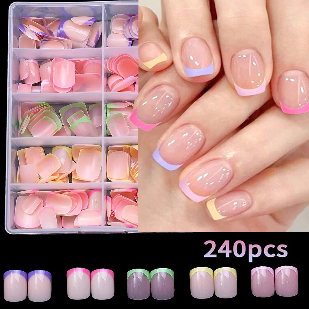 Press On Nails Square Glossy Rainbow Lines False Nail Tips Set_voghion.com