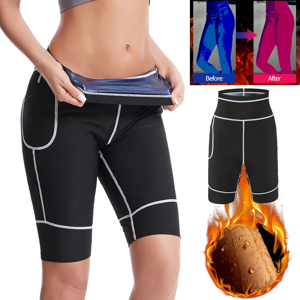 

Women Sauna Sweat Shorts with Pocket Weight Loss Thigh Slimming Shapewear Waist Trainer Body Shaper Thermo Workout Capris Pants