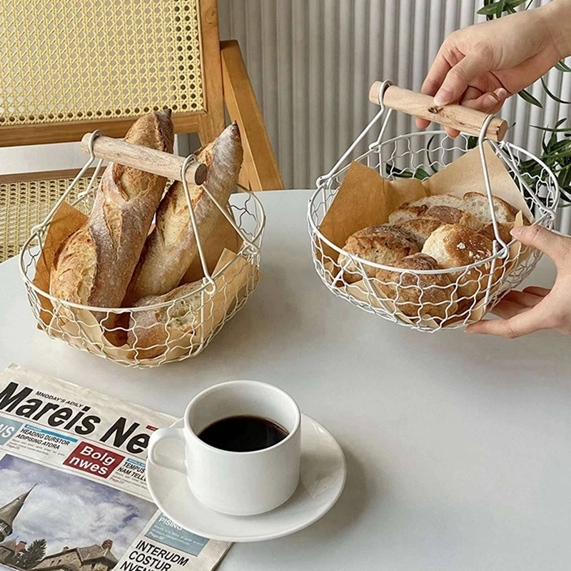 Metal Wire Basket with Wood Handle Decorative Serving Basket for Bread Food Fruit Egg Home Organizer Kitchen Storage Fruit Bins 3