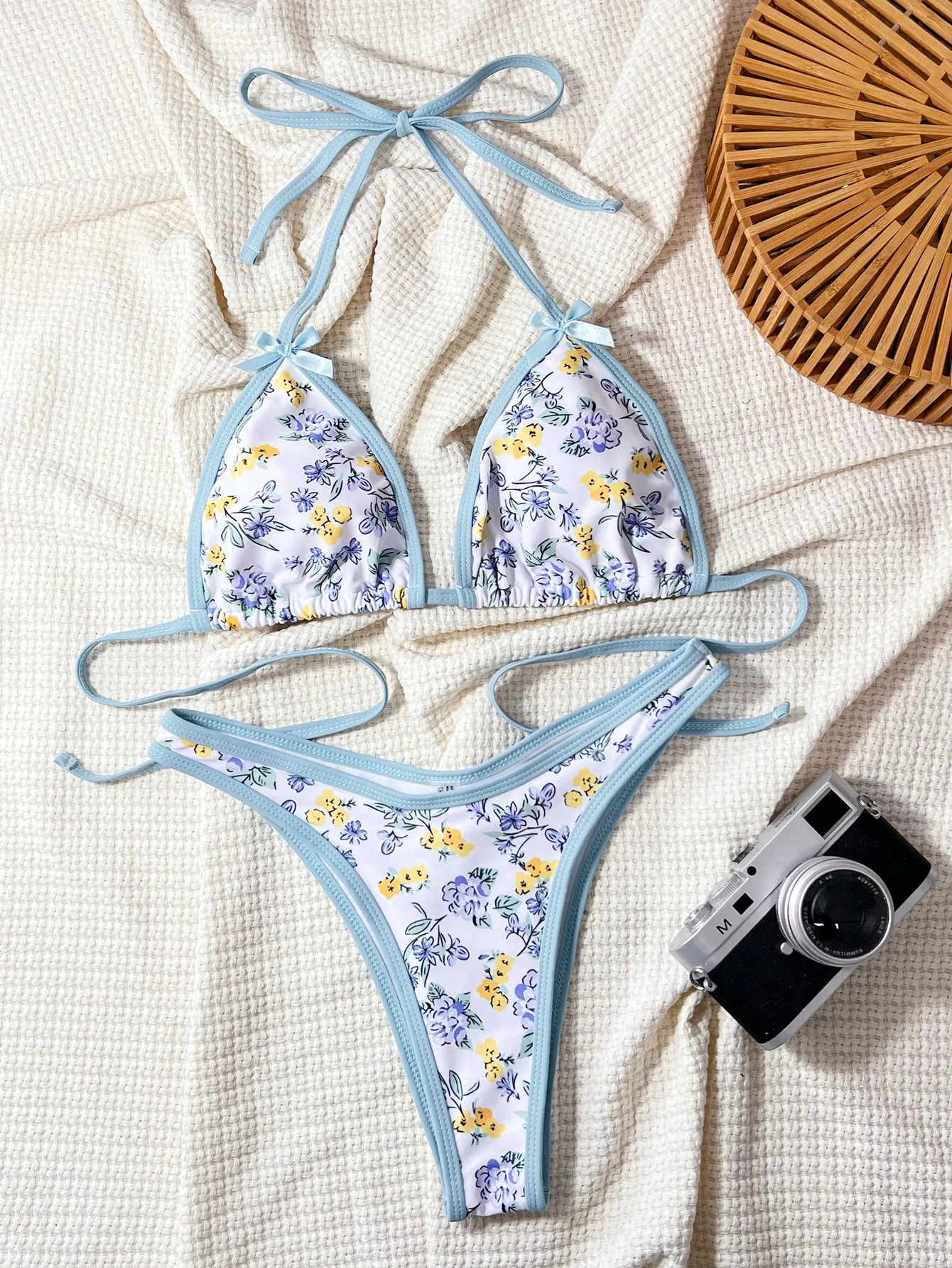 Women Bikini Set 2 Piece Swimsuit 3 Point Swimwear Flower Print Bow Halter Beach Vacation Summer