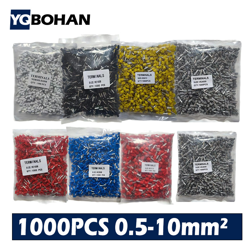 1000pcs E0508 E7508 E1008 E1508 E2508 Insulated Ferrules Terminal Block Cord End Wire Connector Electrical Crimp Terminator