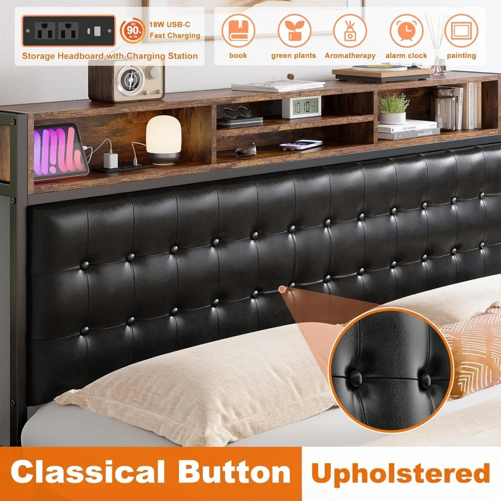 EnHomee Full Bed Frame with 4 Storage Drawers and Headboard Upholstered Bed Frame Full Size with Charging Station, No Noise, Met