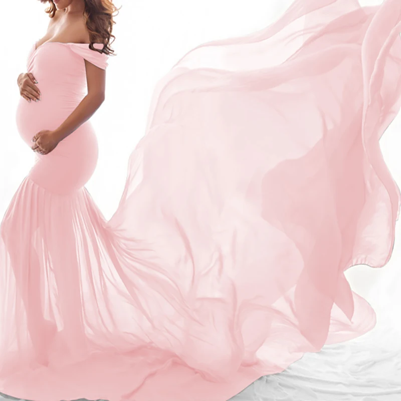 妊娠中の女性のための写真マタニティドレス裸の肩のセクシーな衣服ストラップレス写真アクセサリー