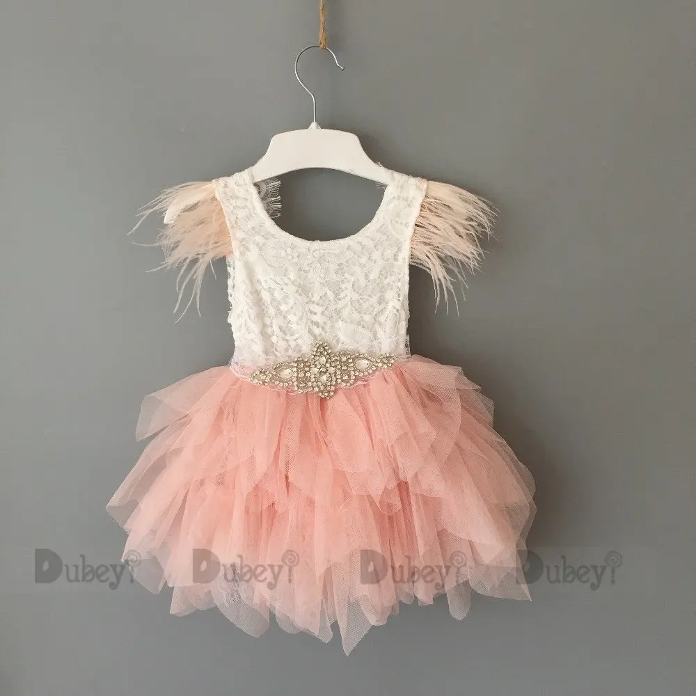 Princess Baby Feather Dress 1st Birthday Party Toddler Girls Lace Flying Sleeve Summer Dress Kids Tutu Clothing with Sashes girls dress maxi dress princess costume