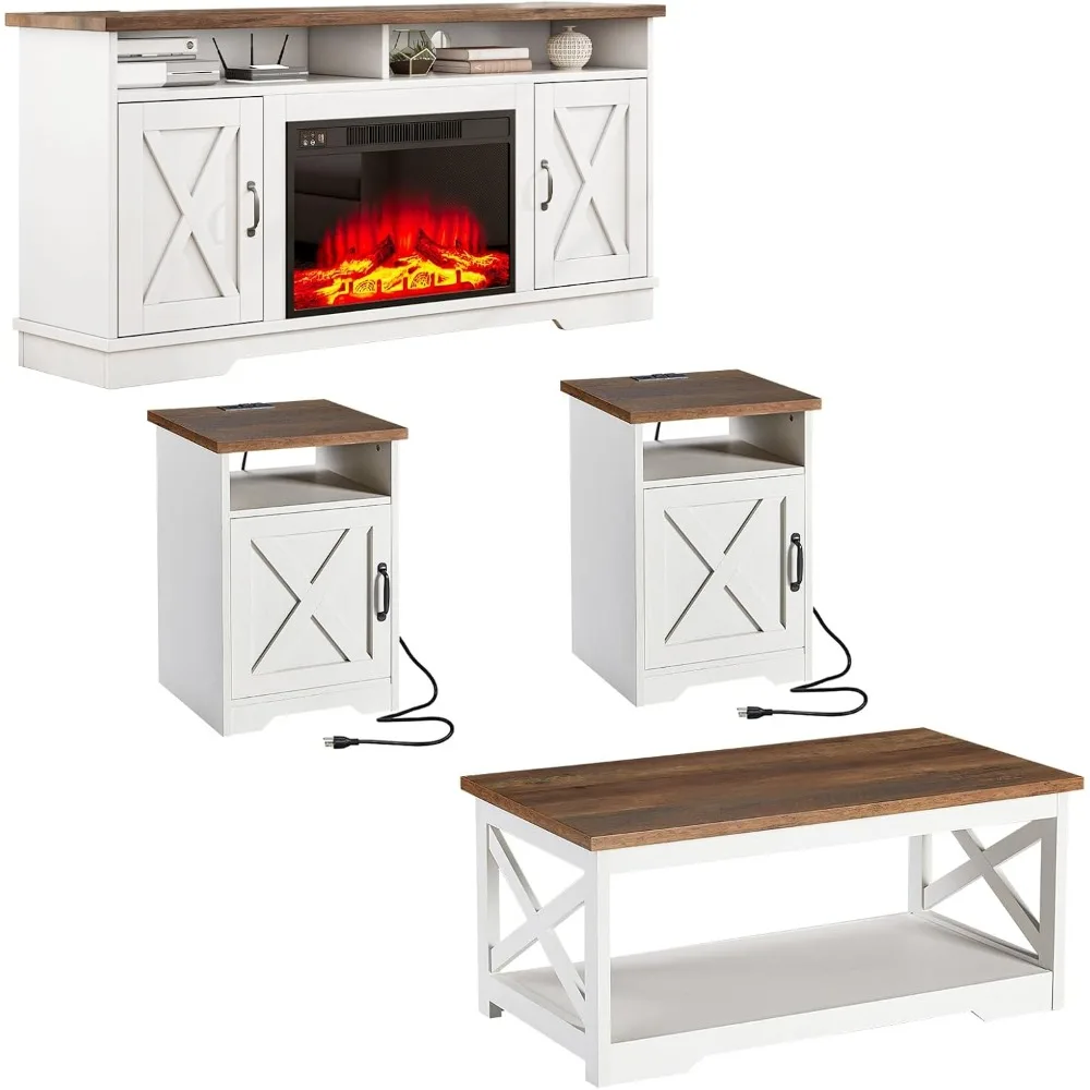 5-Piece Set 63" TV Stand with 26" Fireplace, 40" Coffee Table, 2 End Tables with Charging Station & USB Ports,Living Room Table