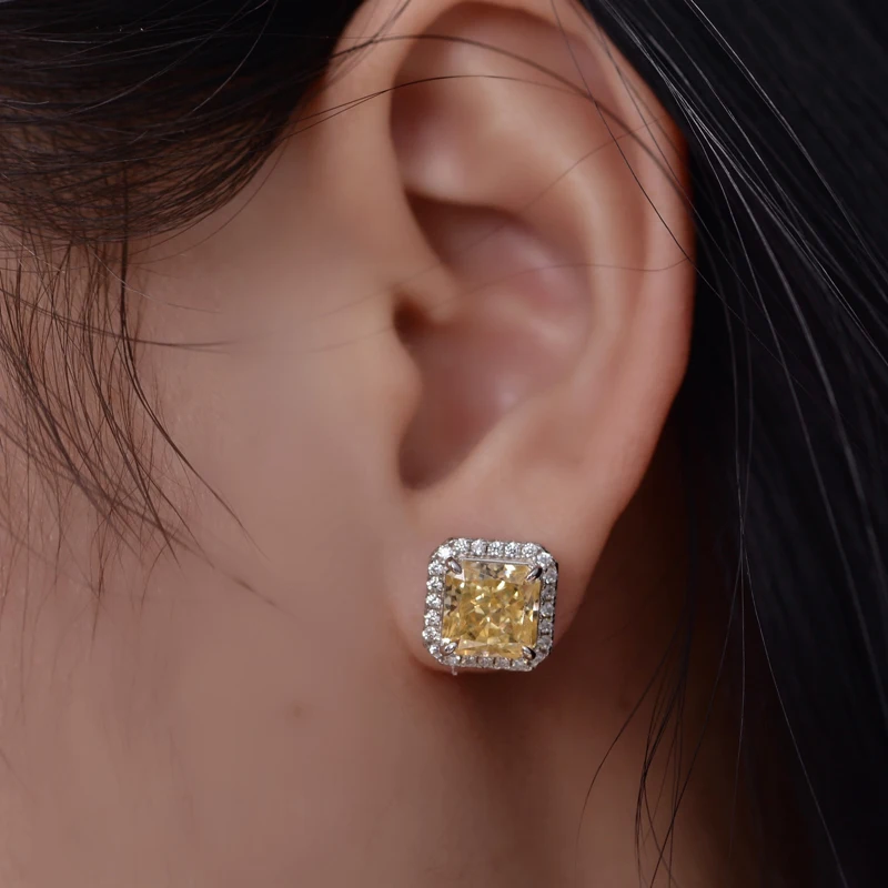 OEVAS 100% 925 Sterling Silver 7*7mm Aquamarine Yellow Pink High Carbon Diamond Stud Earrings For Women Sparkling Fine Jewelry