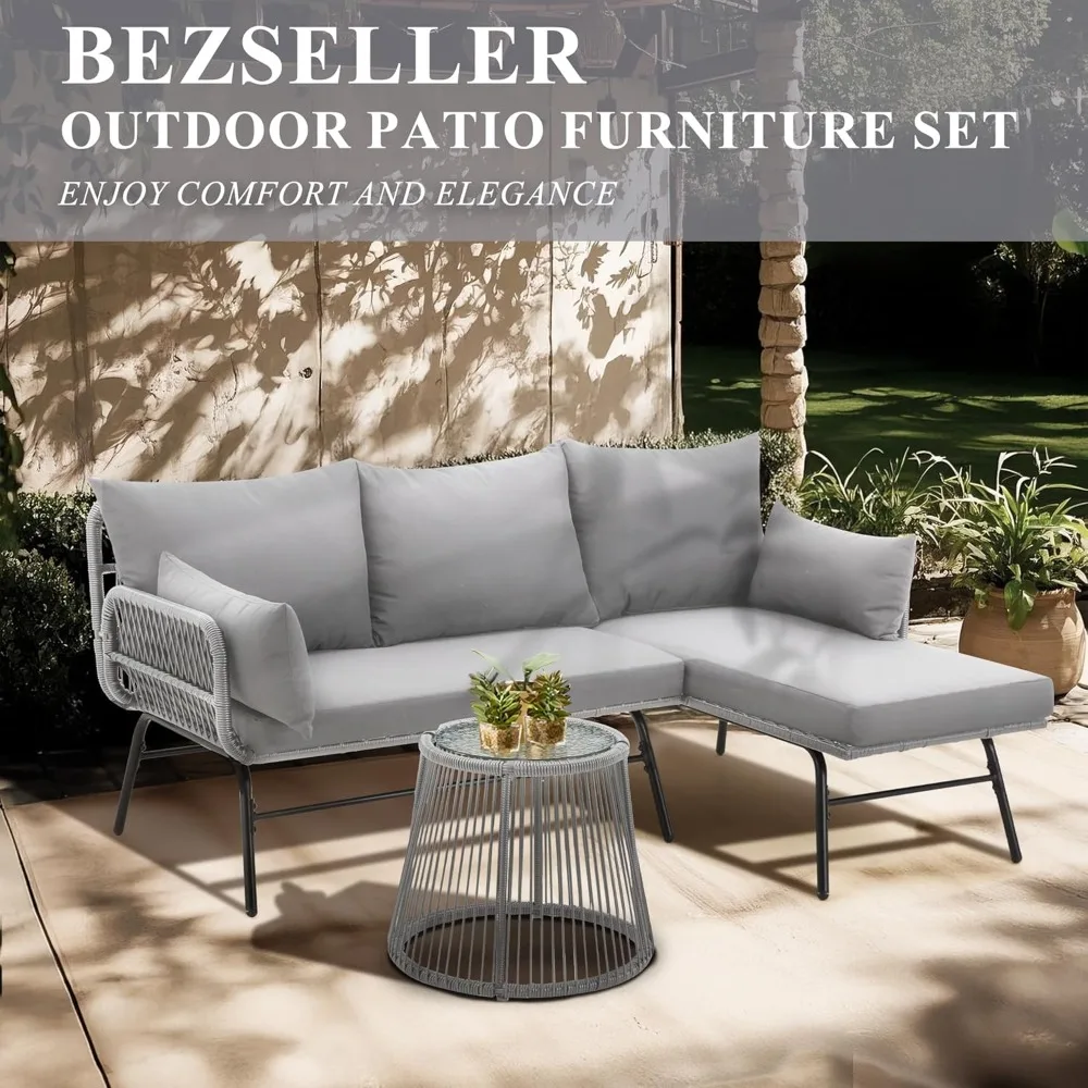 3-Piece Outdoor Patio Furniture Set, L-Shaped Rattan Sectional Sofa with Thick Cushions, Glass Coffee Table