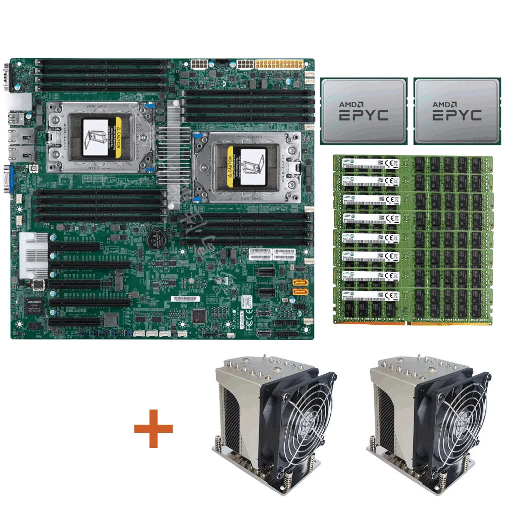 

Supermic h11dsi-nt материнская плата, 2x AMD epyc 7601 CPU,+ 8x32GB 2666MHz RAM + 2x CPU cooler
