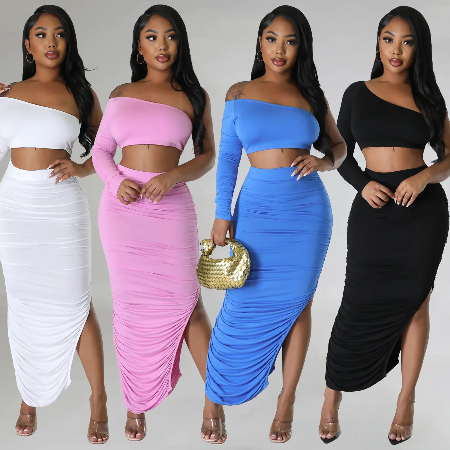 Sexy Stretch One Shoulder Two Piece Set Dredss Long Sleeve Asymmetrical Crop Top Pleated Long Skirt 2 Pieces Set Club Party Suit