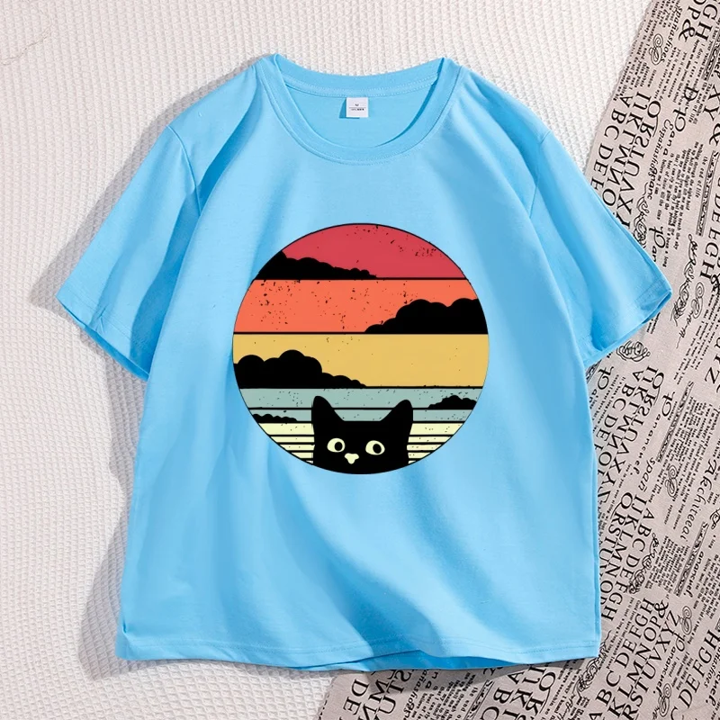 Vintage Black Cat Sunset Graphic Unisex T-Shirt - Cool Streetwear, Casual High-Quality Cotton Y2K Tee