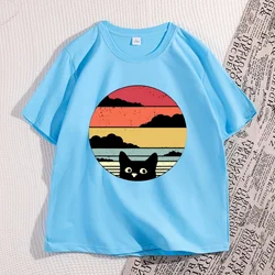 Vintage Black Cat Sunset Graphic Unisex T - Shirt - Cool Streetwear, Casual High - Quality Cotton Y2K Tee - XXXL (SKY BLUE)