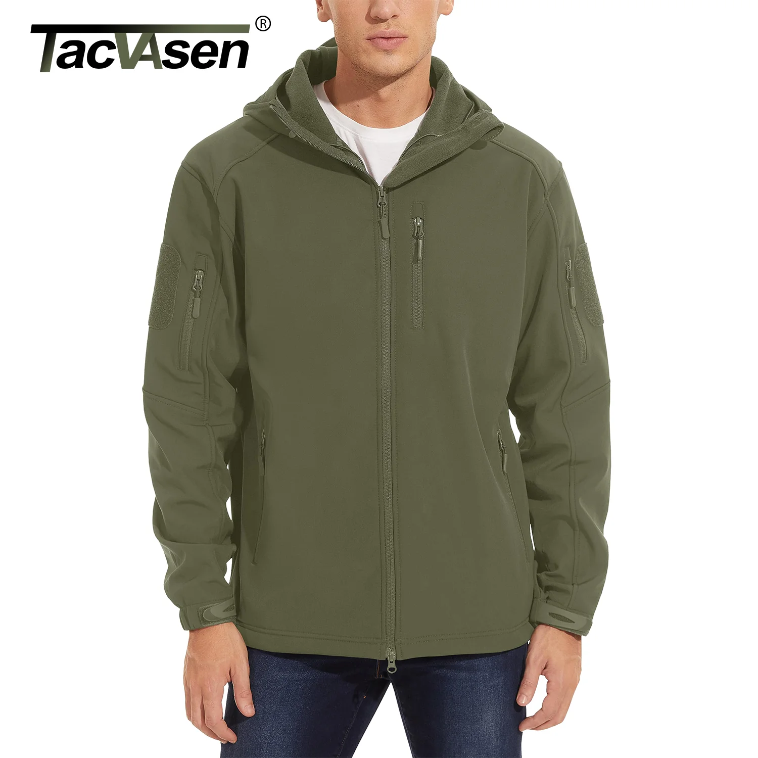 TACVASEN 남성용 방수 양털 안감 재킷, 지퍼 포켓 포함, 야외 소프트쉘 후드 하이킹 작업 재킷, 코트 바람막이