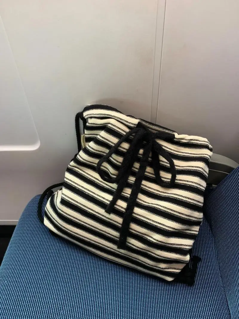 JIAERDI Harajuku Striped Casual Mini Backpack Women Retro Drawstring Canvas Backpacks Ladies Vintage Portable Mochila Aesthetics