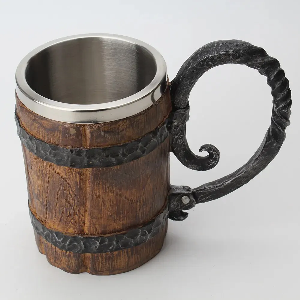 

550ML Viking Drinking Cup, Stainless Handmade Wood-style Beer Mug, Resin Beer Stein Tankard Coffee Mug Tea Cup, Wooden Gifts