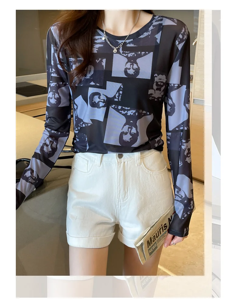 Women's Abstract Printed Sheer Mesh Tops Long Sleeve Graphic